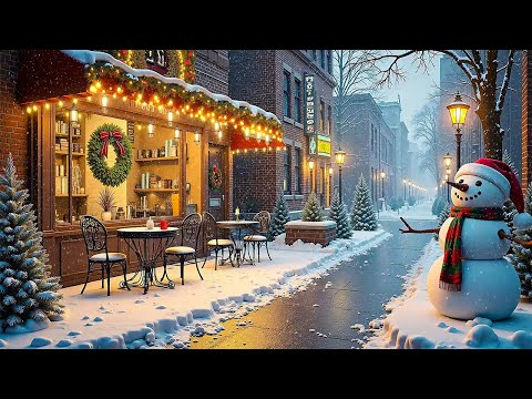 December Jazz - Soothing Relax Winter Outdoor Coffee Shop Ambience with Snowfall for Wonderful Mood