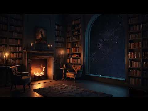 Cozy Reading Room in Space Ambience 📚💫 | Relaxing Music with Crackling Fire