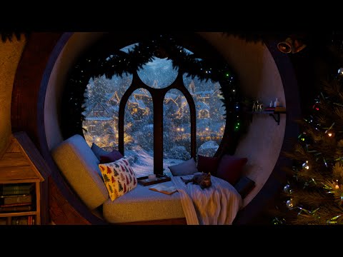 Cozy Christmas Book Nook with Snowy Village View | Relaxing Fireplace & Snowstorm Sounds