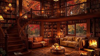 Cozy Fall Library Room Ambience with Soft Jazz Music, Rain, and Fireplace Sounds to Relieve Stress