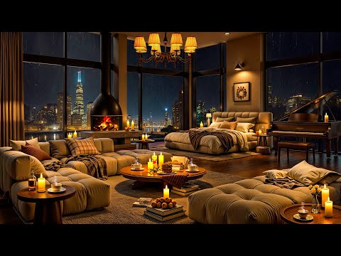 Cozy Apartment Ambience in Chicago 🌃⛈️ Smooth Jazz Saxophone & Rain Sounds for Sleeping, Relaxing