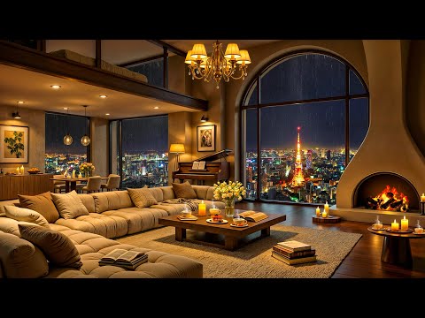 Tokyo Night Jazz 🌃 Tender Jazz Saxophone in Cozy Apartment with Rain & Fireplace Sounds for Relaxing