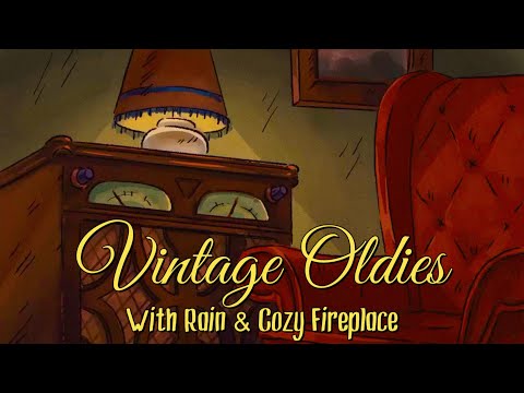 oldies playing in another room and it's raining w/ cozy fireplace (vintage radio)