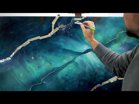 SHARING MY ACRYLIC PAINT TECHNIQUES | Blue Panoramic Abstract Art