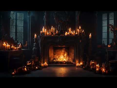 Spooky Halloween Fireplace Ambience | 🦇🦇 Stormy Night with Crackling Fire, Haunted Halloween Mansion