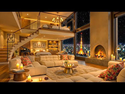 Tokyo Night Jazz 🌃 Luxury Apartment with Elegant Jazz Saxophone Music & Snowfall for Sleep, Relax