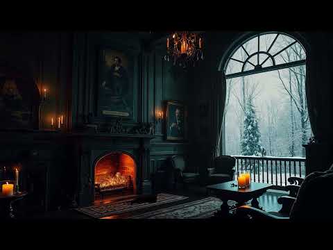 Dark Academia Cozy Fireplace Ambience | Moody Winter Room with Crackling Fire & Relaxing Music