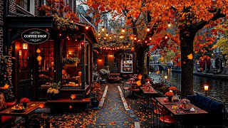 Unwind with Riverside Autumn Jazz - Cozy Fall Coffee Shop Ambience and Falling Autumn Leaves