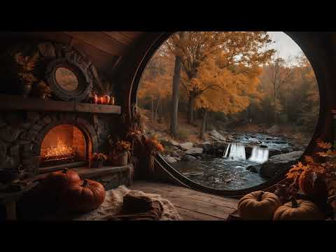 Cozy Autumn Ambience 🍂 | Sounds of Relaxing Babbling Brook and Crackling Fireplace, Thanksgiving 🧡