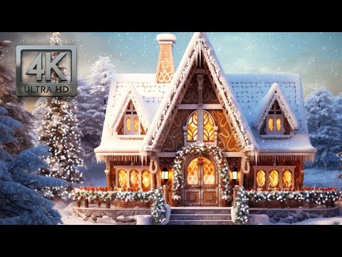 Christmas Gingerbread House Ambience, Christmas Background, Winter Wonderland with Snow Falling