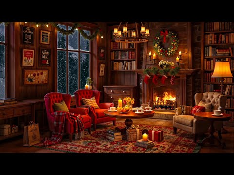 Warm Jazz Music & Crackling Fireplace in Cozy Winter Cabin Ambience to Relax, Study, Work