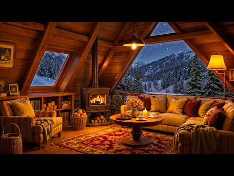 Peaceful Winter Night in Cozy Cabin Ambience ❄️ Crackling Fireplace and Smooth Jazz for Relaxation