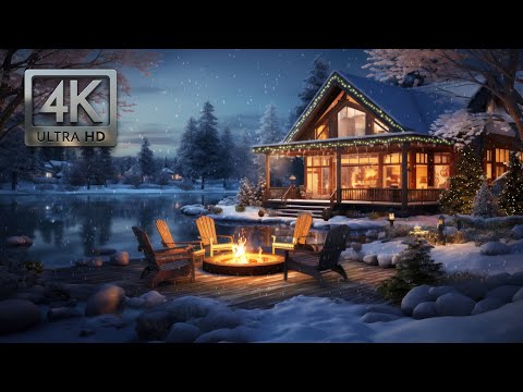 Cozy Winter House Christmas Ambience, Snow Falling, Crackling Fireplace & Soft Wind