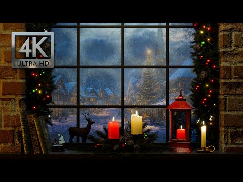 Cozy Christmas Eve Window Ambience | Crackling Fire & Snowstorm Sounds