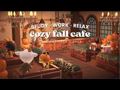 Cozy Fall Café 🍂 1 Hour Fall Jazz No Mid Ads ☕ Fireplace Crackle| Chatter | Study Music | Work Aid 🎧