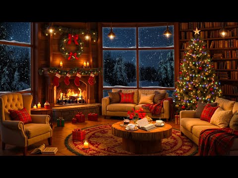 Cozy Christmas Reading Nook 🎄 Soft Jazz Music with Crackling Fireplace and Snowfall for Relaxation