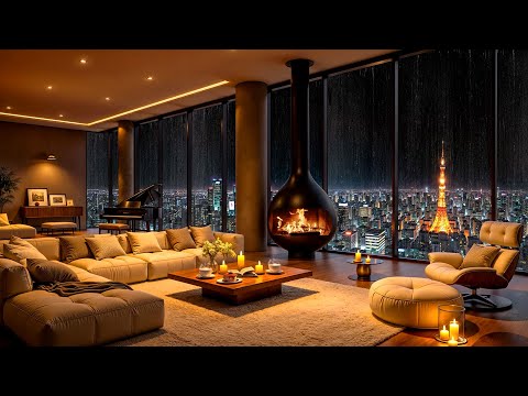 Cozy Apartment in Tokyo ⛈ Rainy Night with Tender Jazz Saxophone & Fireplace Sounds for Relax, Sleep