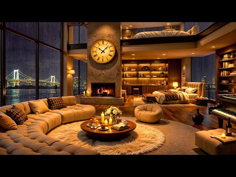 Cozy Luxury Apartment Ambience 🌃 Smooth Jazz Saxophone with Rain & Fireplace Sounds for Study, Sleep